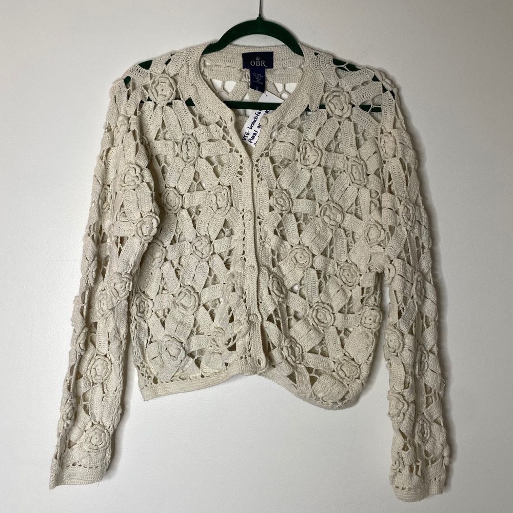 VINTAGE OBR Cream Intricate Crochet Floral Open Knit Button Cardigan Medium